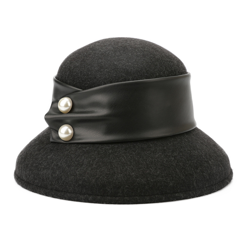靈瓏秋冬歐美英倫復古羊毛呢氈帽 盆帽珍珠帶皮帶法式赫本帽子