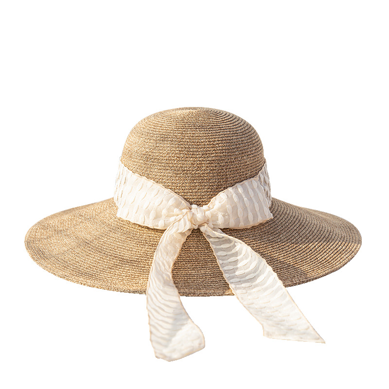 新款草帽遮陽女海邊沙灘蝴蝶結飄帶可折疊夏季出游太陽帽