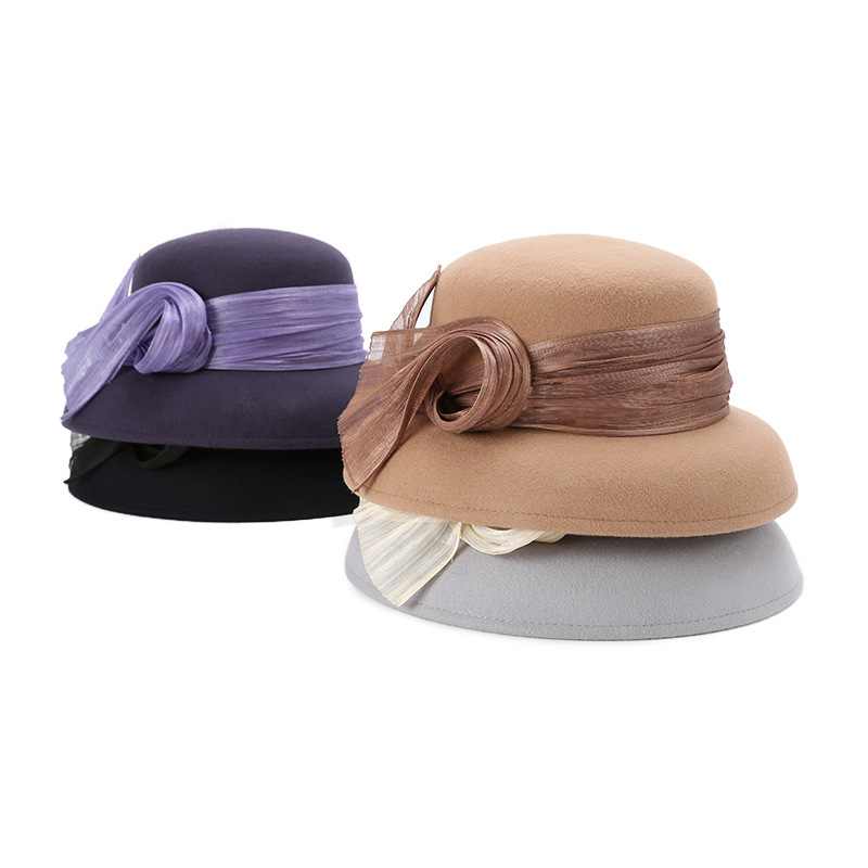 靈瓏新款經典赫本帽彎檐真絲麻羊毛帽優雅法式禮帽