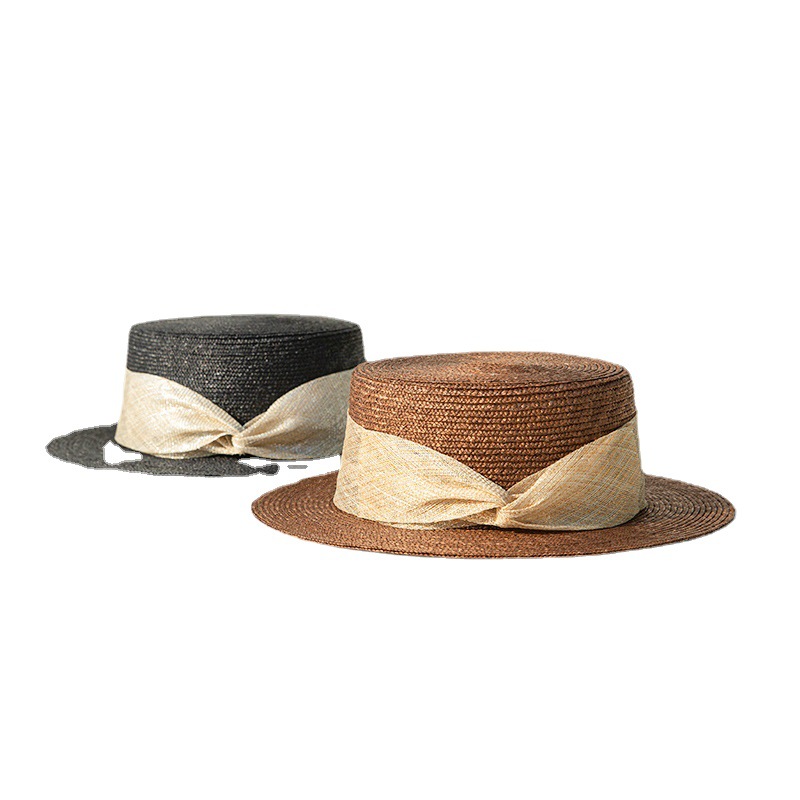夏季防曬草帽法式復古編織平頂禮帽女遮陽帽子超細麥稈爵士帽