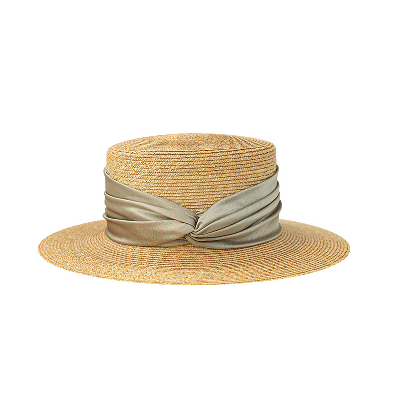 23新款高級超細本色麥稈夏季平頂平檐草帽百搭度假帽子遮陽寬檐帽