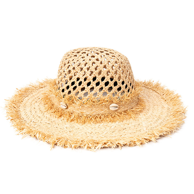 夏季草帽防曬新款遮陽帽顯臉小鏤空簡約貝殼裝飾