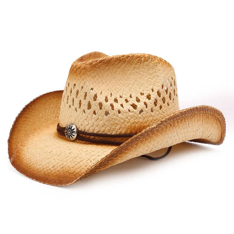 春夏新款鏤空牛仔帽編織透氣清涼美式禮帽西部牛仔帽男草帽